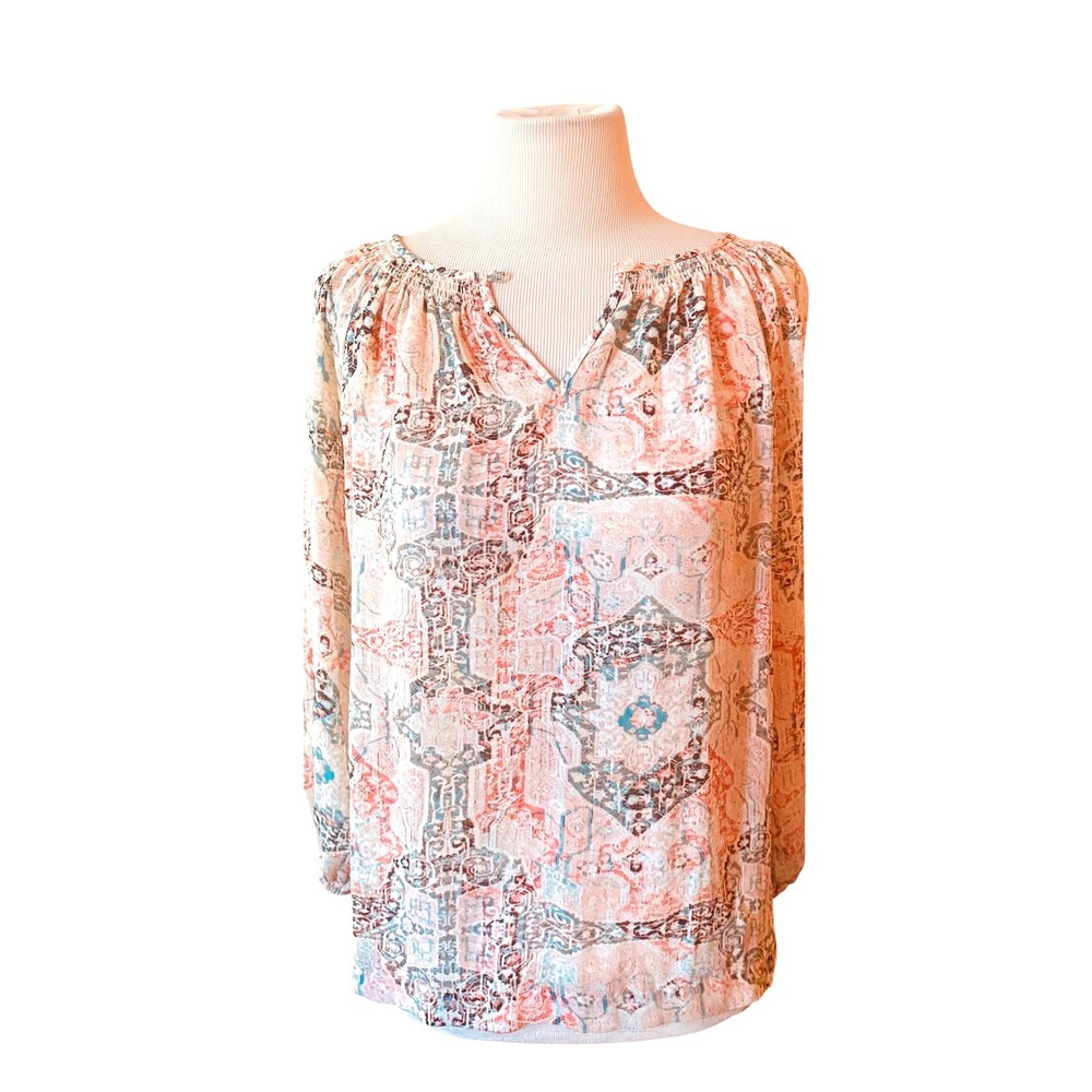 Kaari Blue Womens XS Geometric Tile Print Smocked V-Neck Blouse Long Sleeve